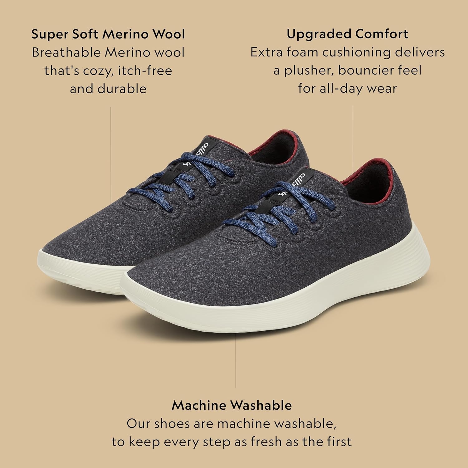 image:imageAllbirds Mens Wool Runner Go Breathable Merino Wool SneakersDark GreyThunder Red Arid Beige