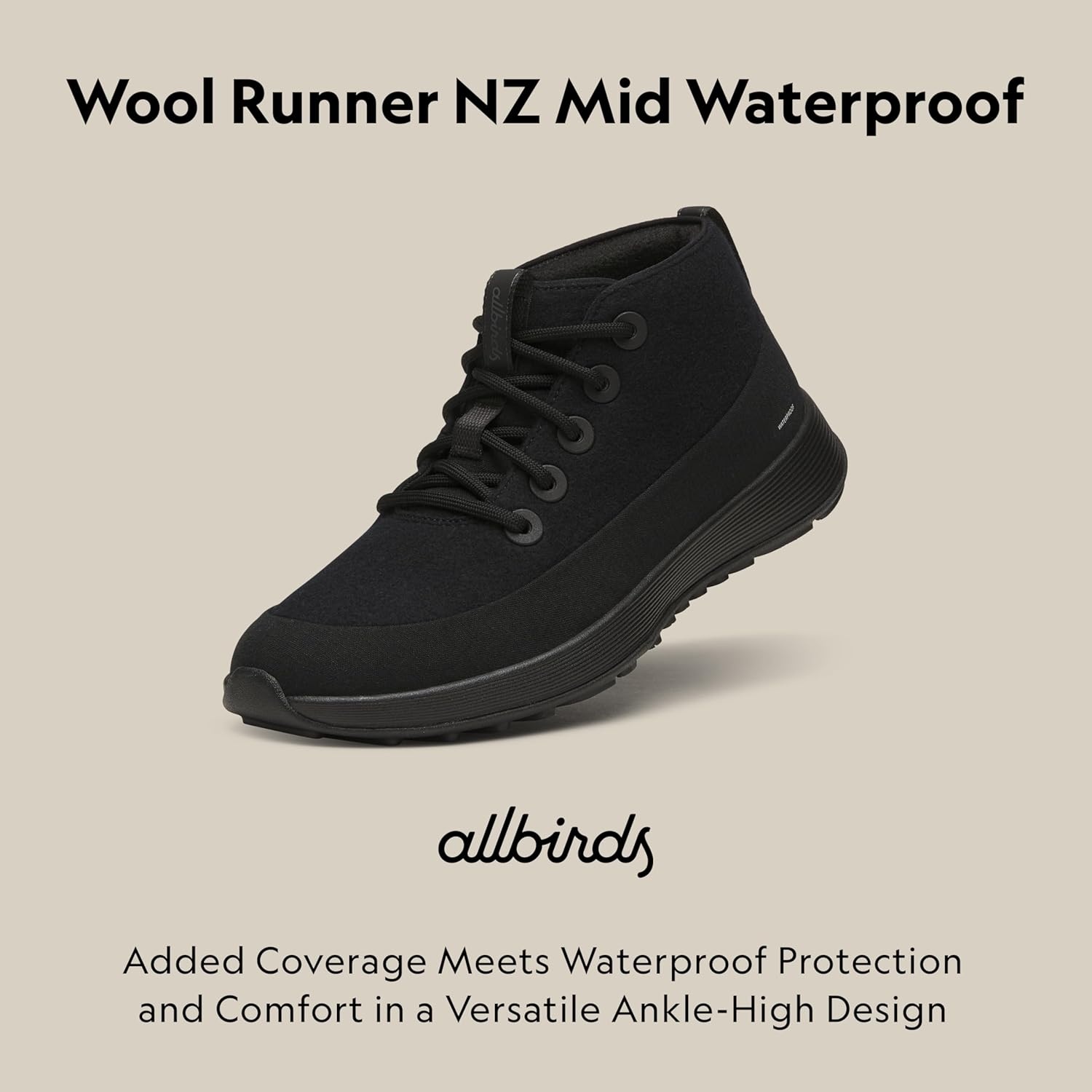 image:imageAllbirds Mens Wool Runner NZ Mid Waterproof Comfortable MidCut Sneaker with TractionNatural Black Natural Black Sole