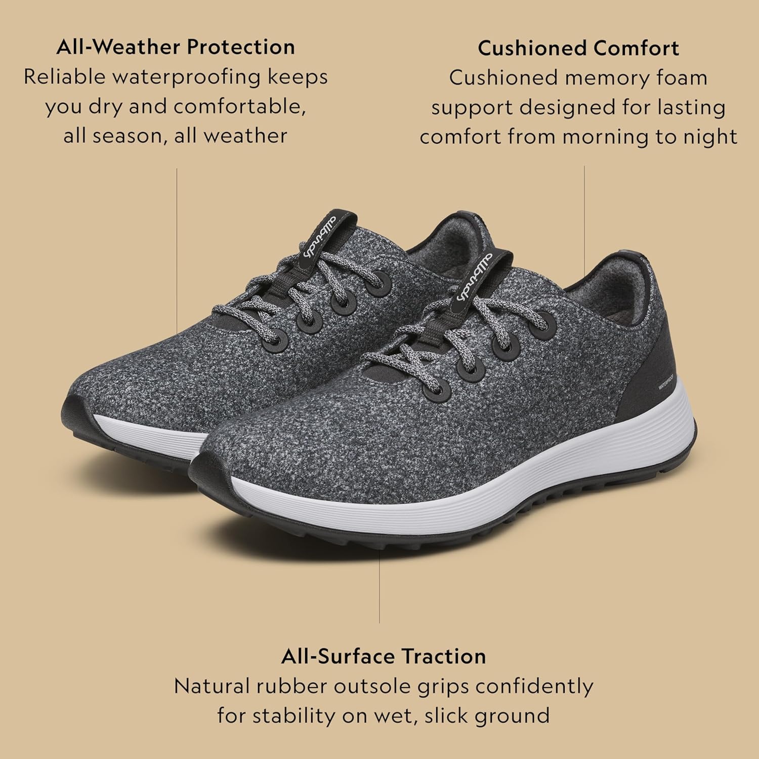 image:imageAllbirds Mens Wool Runner NZ Waterproof Comfortable Everyday Weatherproof SneakersDark Grey Light Grey Sole