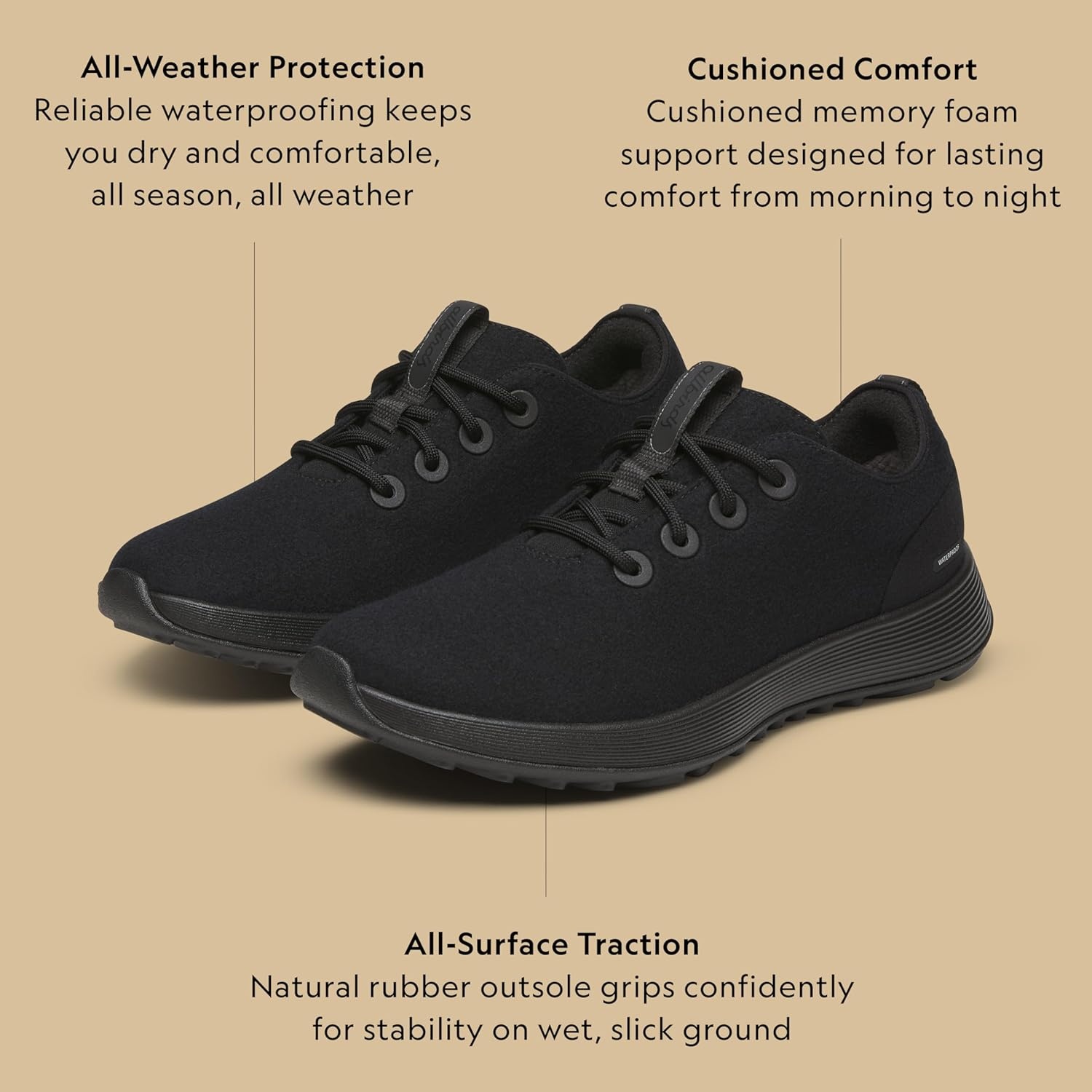 image:imageAllbirds Mens Wool Runner NZ Waterproof Comfortable Everyday Weatherproof SneakersNatural Black Natural Black Sole