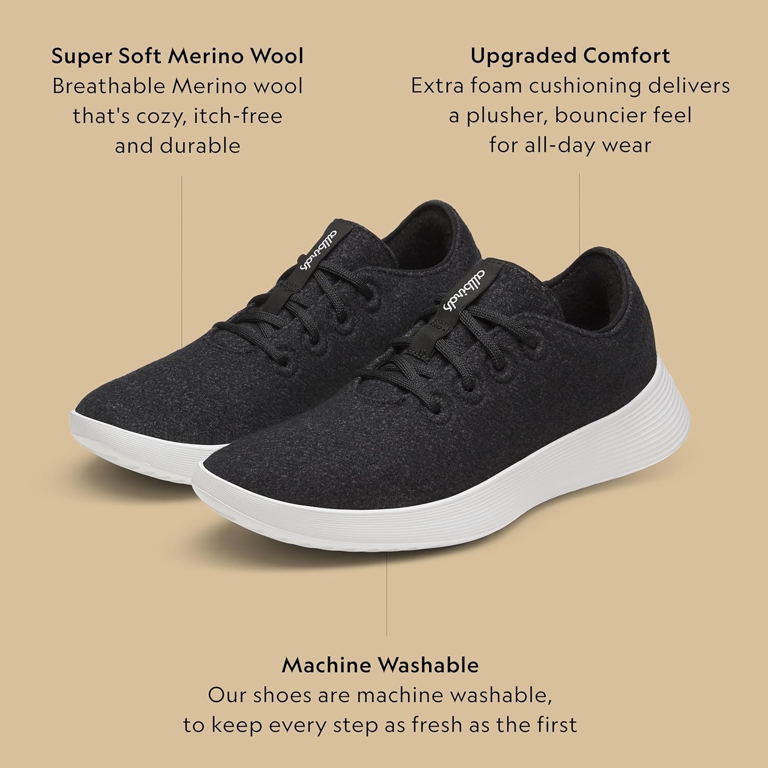 image:imageAllbirds Womens Wool Runner Go Breathable Merino Wool SneakersNatural Black Blizzard Sole