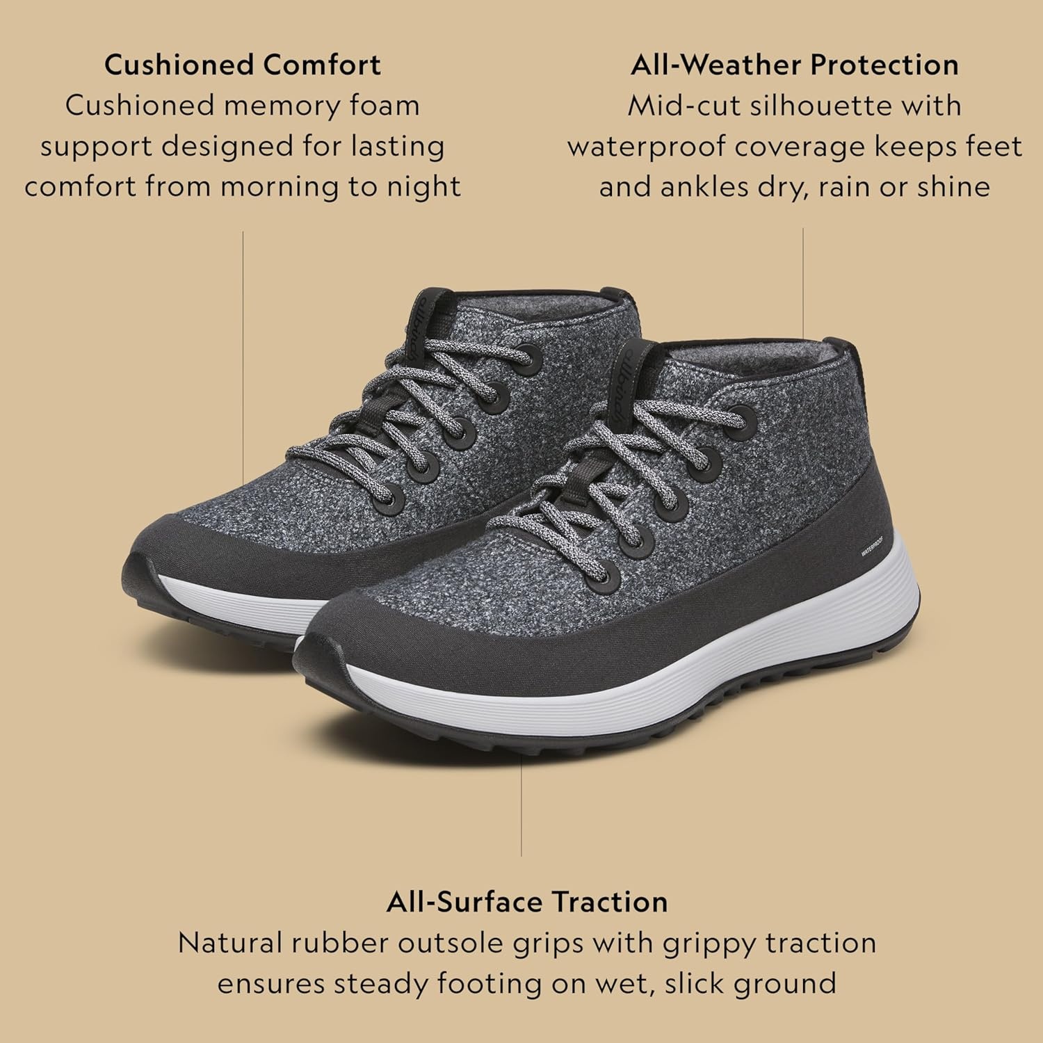 image:imageAllbirds Womens Wool Runner NZ Mid Waterproof Comfortable MidCut Sneaker with TractionDark Grey Light Grey Sole