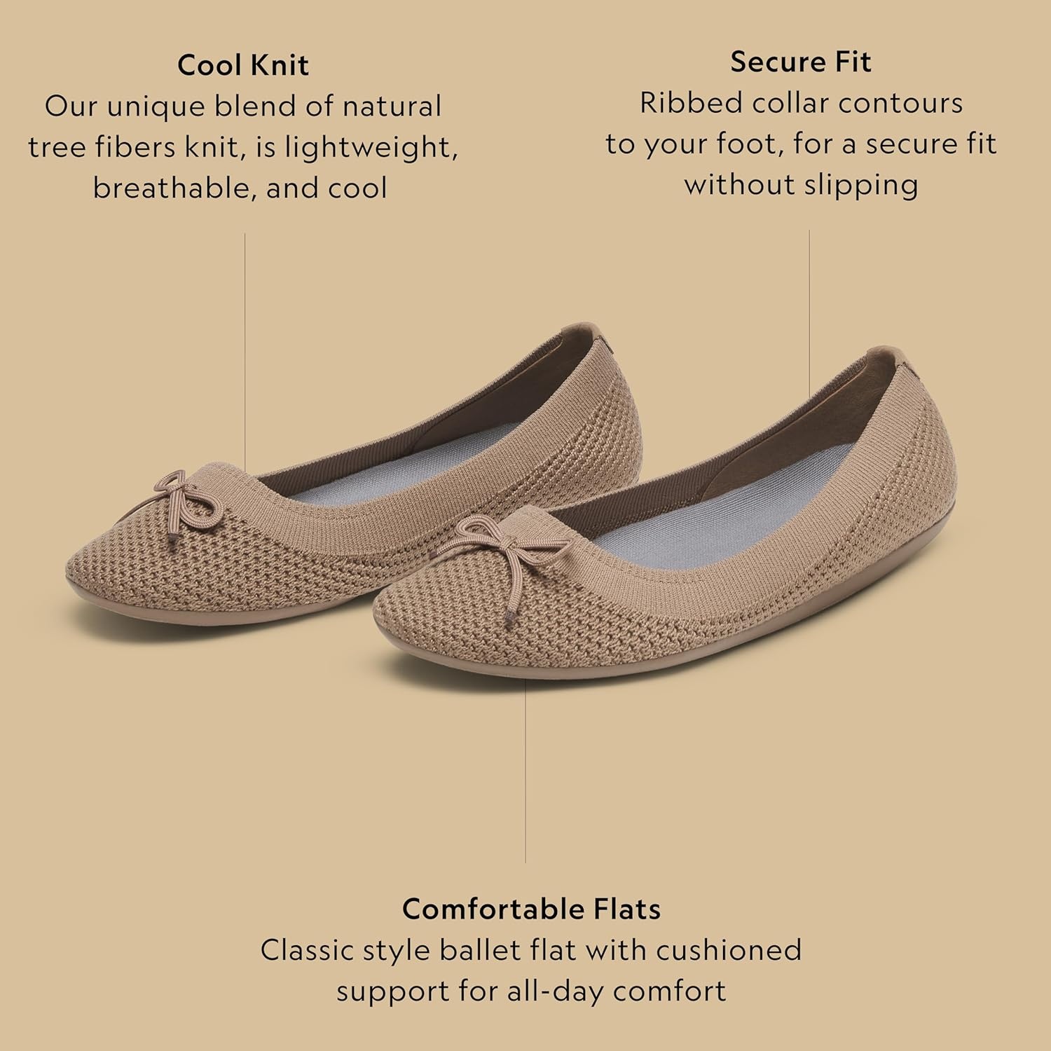 image:imageAllbirds Womens Tree Breezer Knit Ballet Flats SlipOn Everyday Round Toe Shoes Machine Washable Made with Natural MaterialsBark Brown Bow