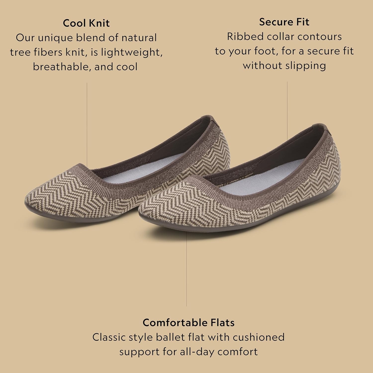 image:imageAllbirds Womens Tree Breezer Knit Ballet Flats SlipOn Everyday Round Toe Shoes Machine Washable Made with Natural MaterialsLight Khaki Rustic Brown Sole Knit