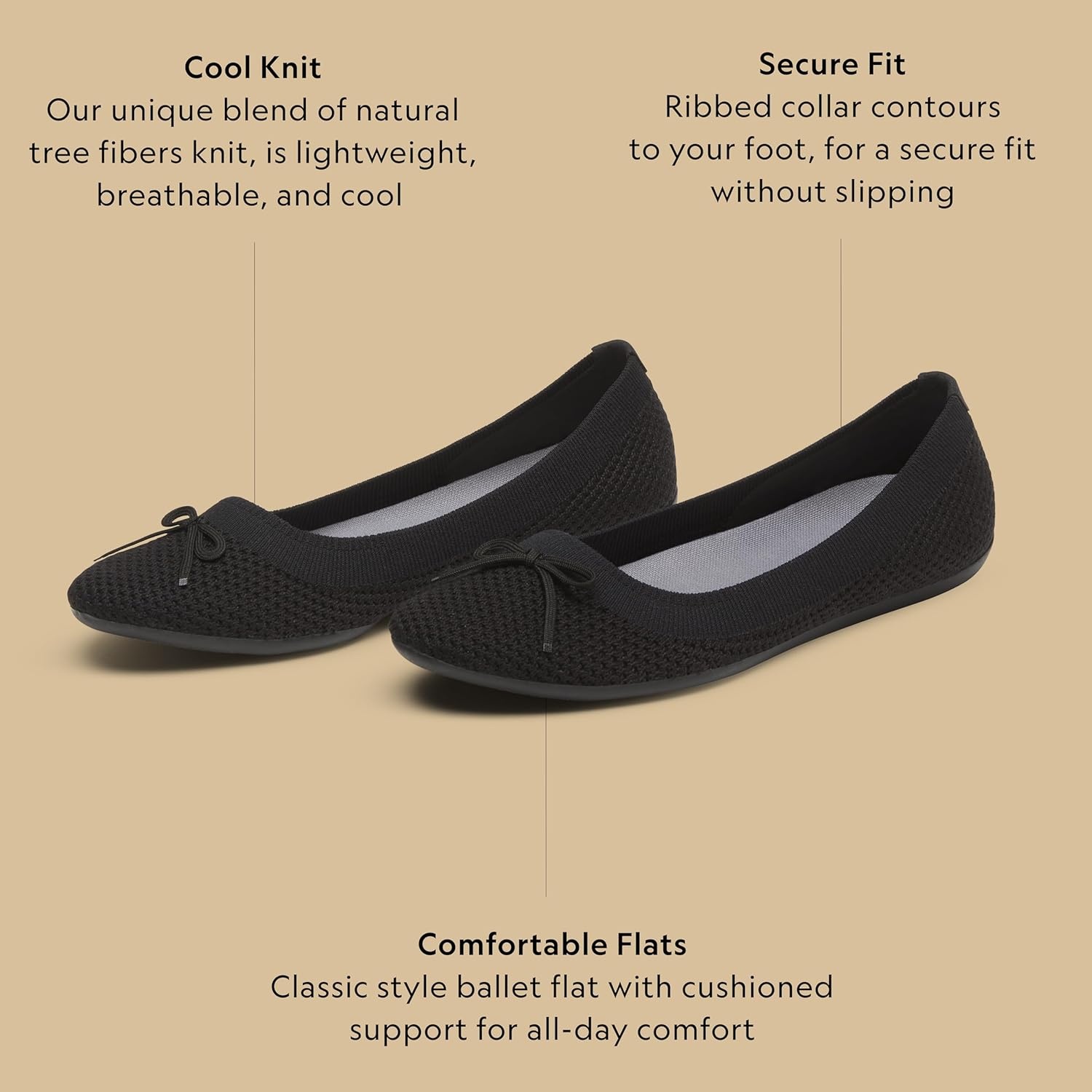 image:imageAllbirds Womens Tree Breezer Knit Ballet Flats SlipOn Everyday Round Toe Shoes Machine Washable Made with Natural MaterialsNatural Black Bow