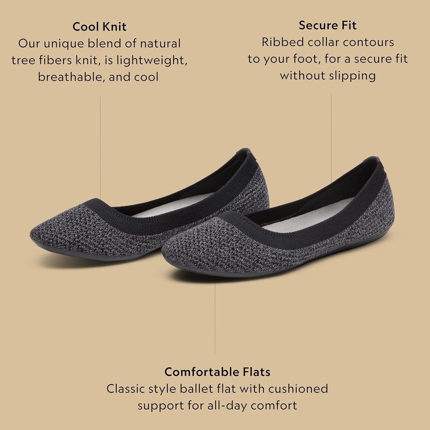 image:imageAllbirds Womens Tree Breezer Knit Ballet Flats SlipOn Everyday Round Toe Shoes Machine Washable Made with Natural MaterialsNatural Black Stormy Grey Natural Black Sole